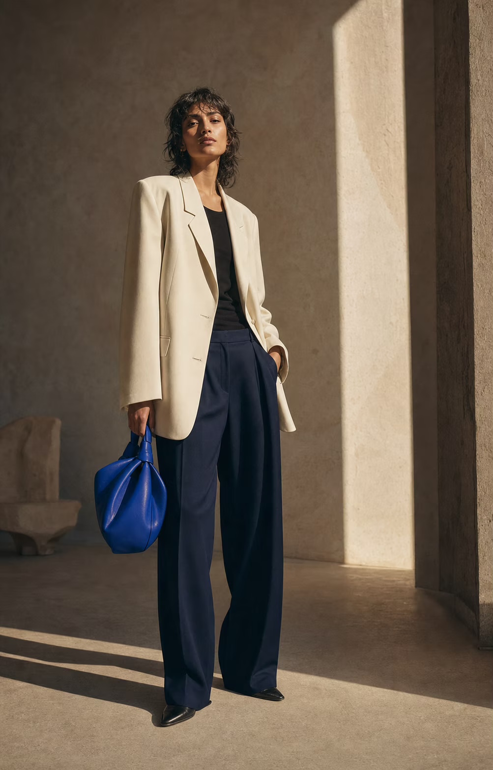 Model in an ivory blazer, navy trousers and cobalt bag in a sunlit stone studio.